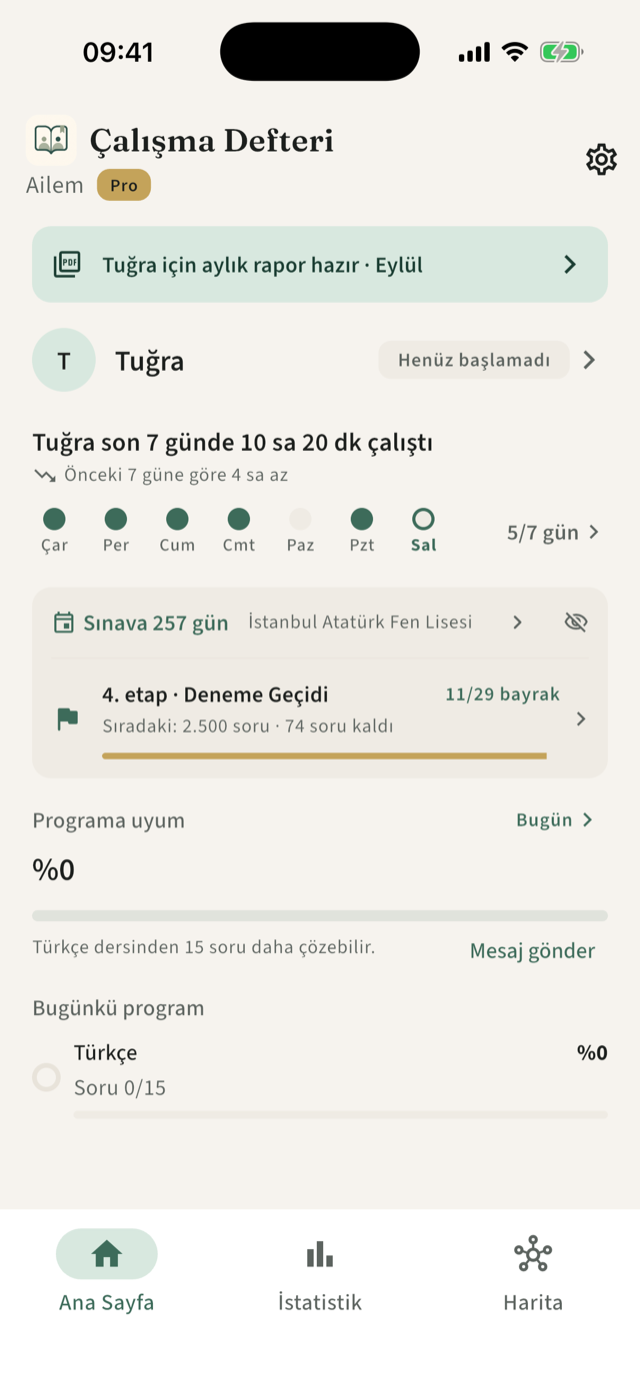 Veli ana sayfası — son 7 gün, sınav geri sayımı ve bugünün programı